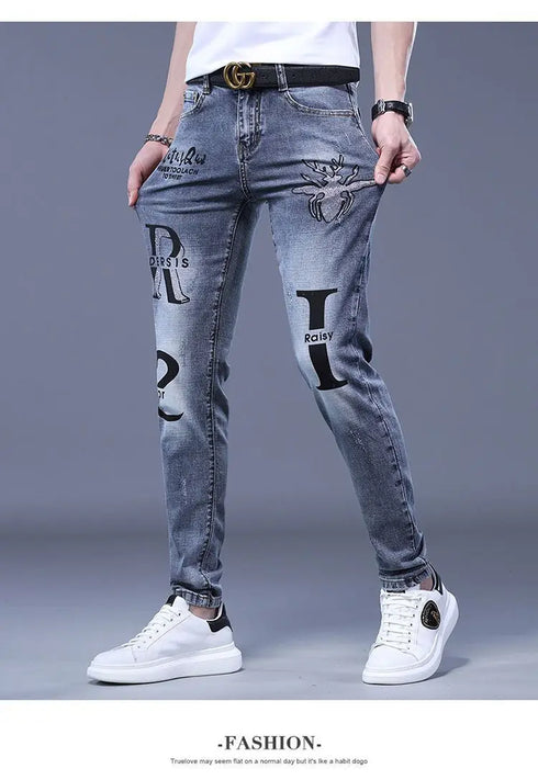 Slim Fit Korean Streetwear Graphical Printed Luxury Hip-Hop Stretch Denim Jeans for Men - Perfect Medium Wash Jeans Outfit